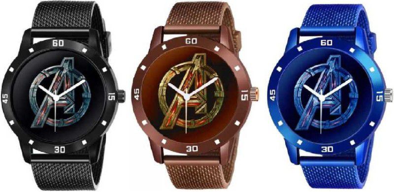 analog Analog Watch - For Girls PU-2022 NEW EXCLUSIVE DESIGN ATTRACTIVE BEAUTIFUL COLORS PACK OF 3 New Avengers Stylish Dial- PU STRAP & Black Brown blue Combo Set FOR Men Analog Watch Black For Men Analog Watch - For Boys