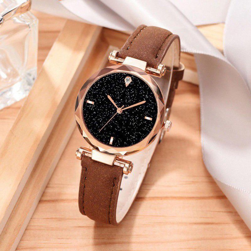 Rich Looking Premium Quality best Designer Fashion Wrist Analog Watch For Girls Analog Watch - For Women New Arrival Stylish Cut Glass Brown Leather Strap Analog Watch - For Women