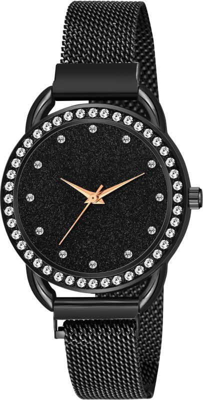 Designer Fashion Wrist Analog Watch - For Girls New Fashion 12 Daimouns Black dial Black maganet Strap For Girl