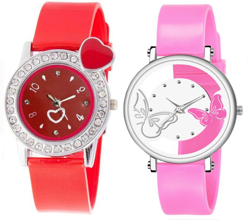 Analog Watch - For Girls New Arrival White Color Dual Batterfly With Red Color Single Heart Small Combo