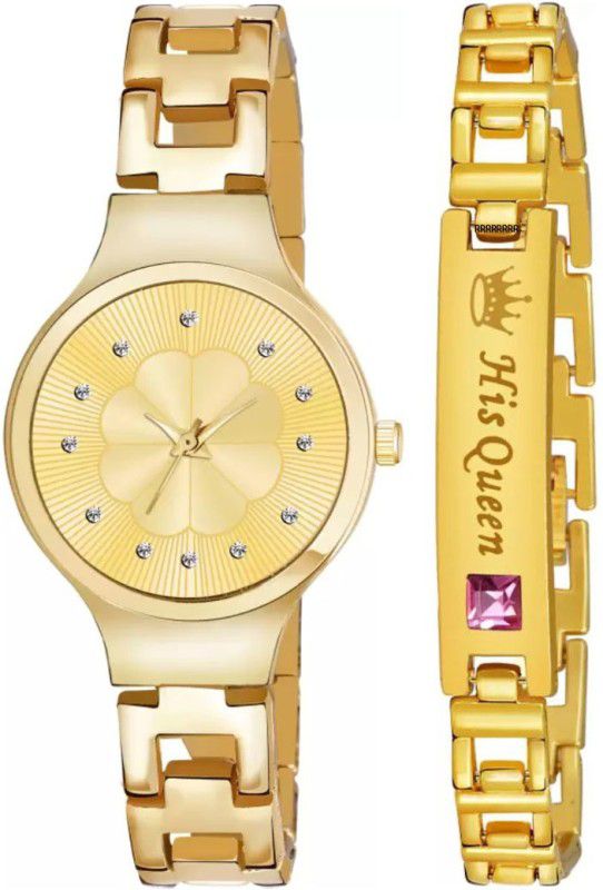 Analog Watch - For Women New Fancy Stylish Gold Analog Watch & His Queen Bracelet For Girls Watch