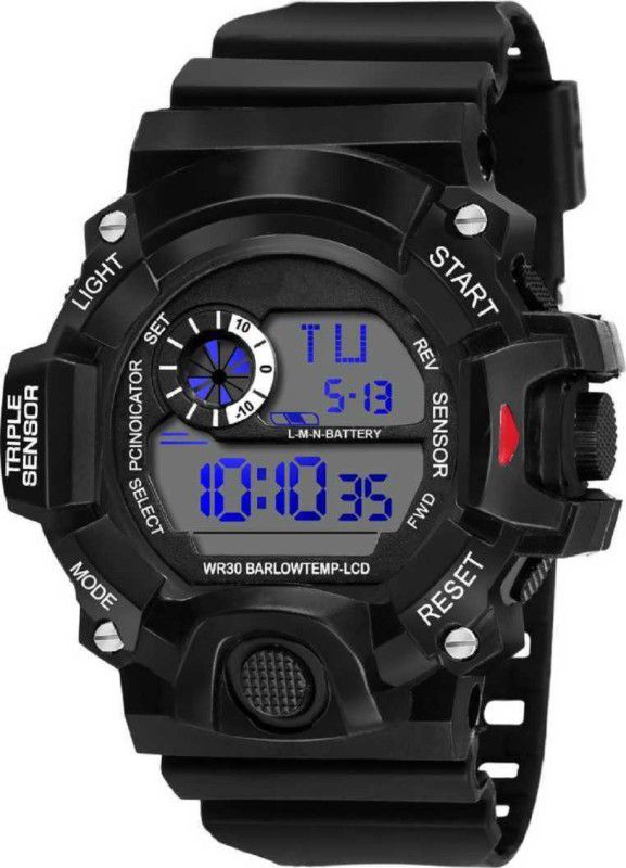 Digital Watch - For Men Black Ring Shock Protection Alarm & Day Date Chrono Water Proof WR 30M Stainless Steel