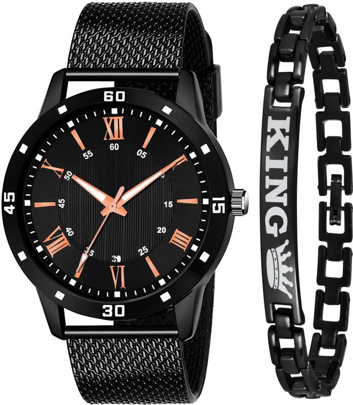 Analog Watch - For Boys Fancy Stylish Black Dial King Bracelet Combo Set Watch For Men