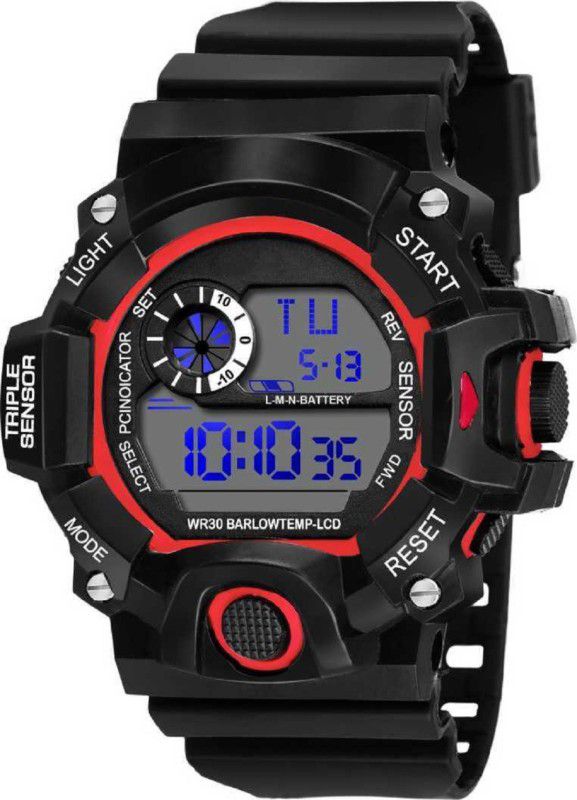 Digital Watch - For Men Red Ring Protection Alarm & Day Date Chrono Water Proof WR 30M