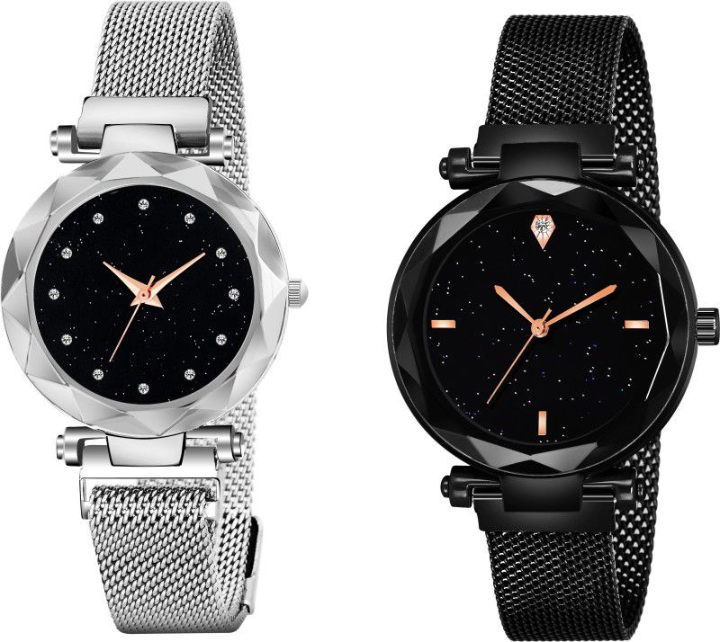 New Fashion Analog Watch - For Girls Luxury Mesh Magnet Buckle Starry sky Quartz Watches For girls Fashion Mysterious Silver 12 daimouns & Black 4 Fiagr Watch For