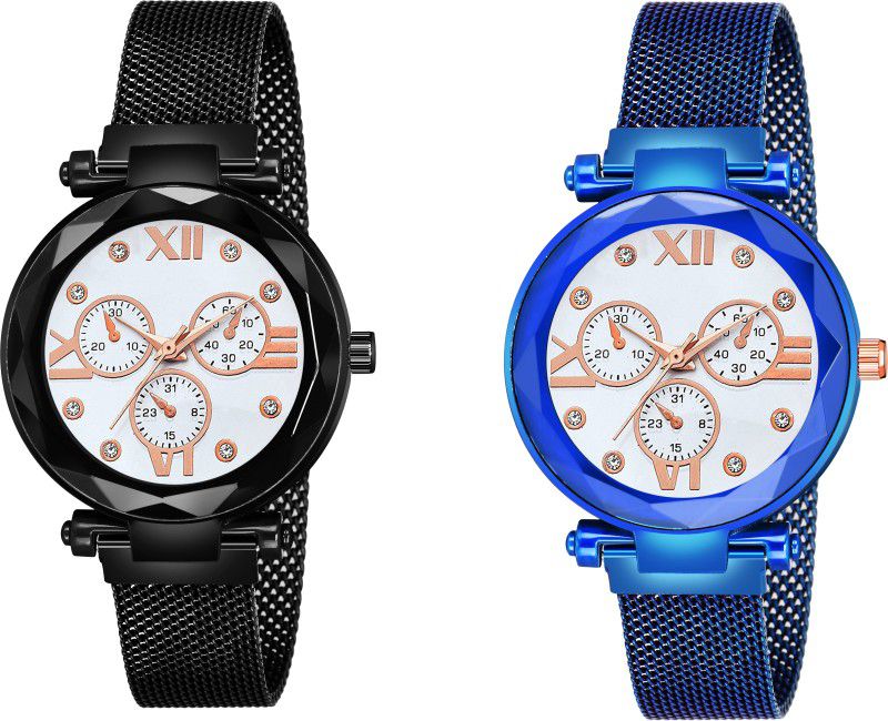 Analog Watch - For Girls New Fashion Roman Digit White Dial Black & Blue Maganet Strap For Girl