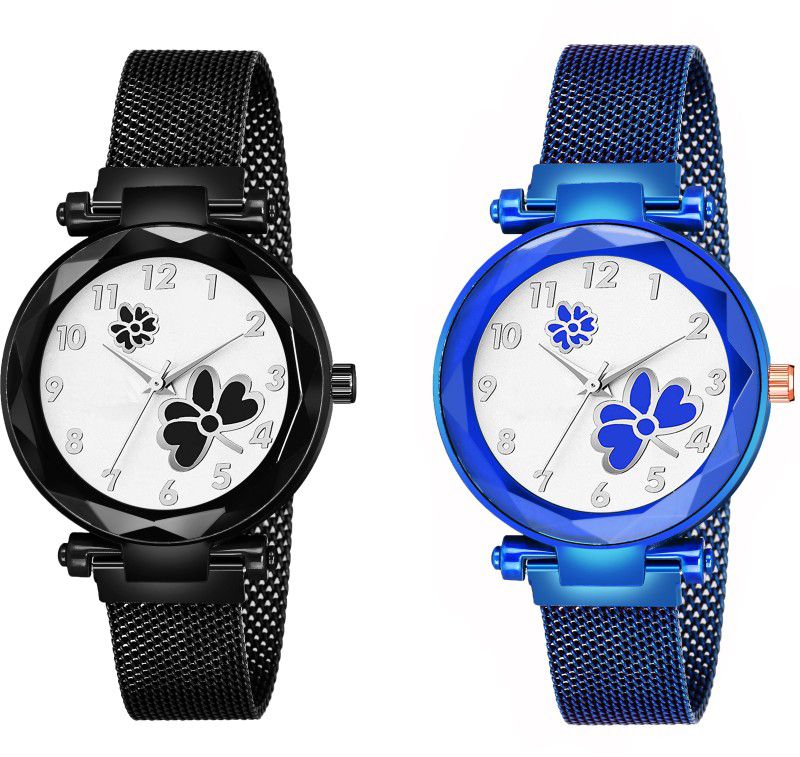 Designer Fashion Wrist Analog Watch - For Girls White Color Dial Black&Blue Dual Flower With Black&Blue Maganet Strap For Girl& Women