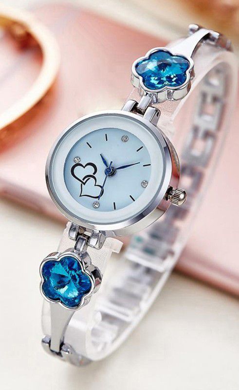 Bracelet Silver Skyblue Flower Stone Studded Gift on Girls Watch For Women Analog Watch - For Women bracelet Flower Stone Silver SkyBlue