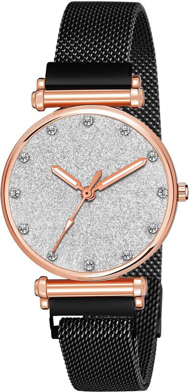 Analog Watch - For Girls Silver 12 Diamouns Dial Rose Gold Case With Black Maganet Strap For Girl&Women