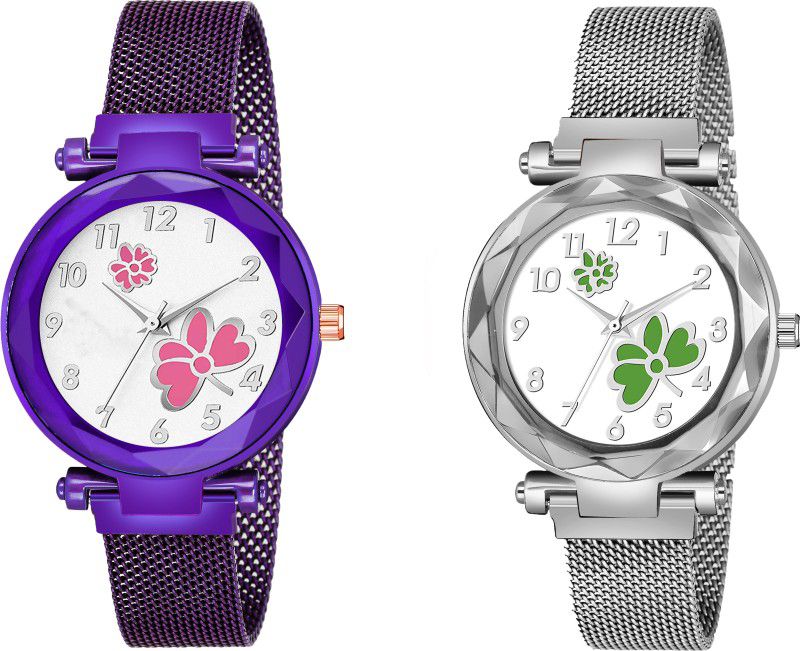 Designer Fashion Wrist Analog Watch - For Girls White Color Dial Green&Pink Dual Flower With Purple&Silver Maganet Strap For Girl& Women