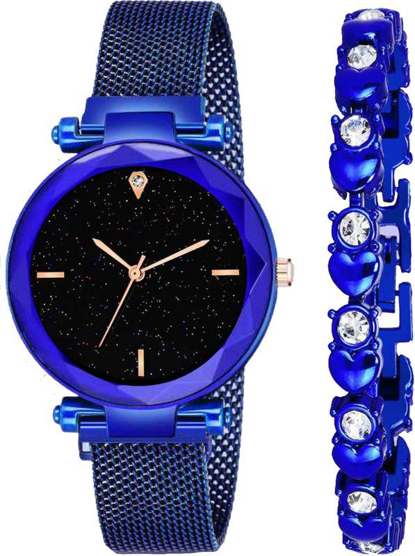 Magnetic Chain magnet strap hand watch girls watch for women gift Analog Watch - For Girls Sparkling Diamond Cut Blue Magnetic Strap Luxury