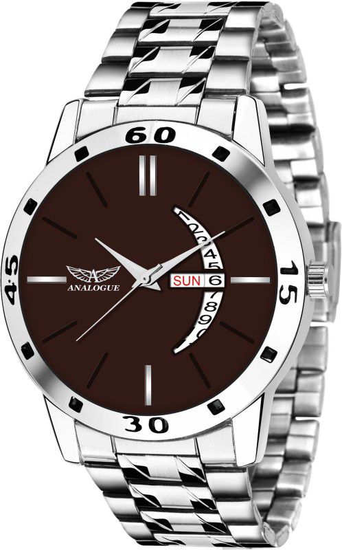 Caramel Brown Day and Date Functioning Stainless Steel Metal Strap with Scratch Resistant 1 Year Warranty Water Resistant Quartz Boys Series Analog Watch - For Men ANLG-455-BROWN-SIL-DD