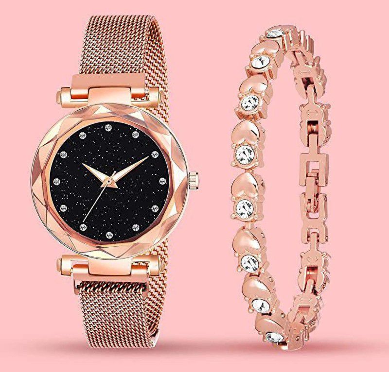 Analog Watch - For Girls Latest Magntic Strap 12 Diamond Rosegold Watch With White Dot Bracelet Combo