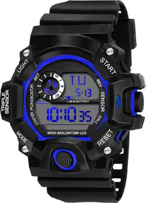 Digital Watch - For Boys Blue Ring Shock Protection Alarm & Day Date Chrono Water Proof WR 30M Stainless Steel