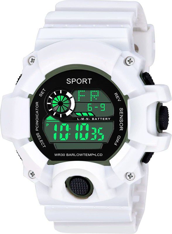 Alarm & 7-Led Light Calendar Branded Rozti Waterproof Return Gift Digital Watch - For Boys Stylish Sports Day and Date Kids White Silicone Strap Dial Color Green Watch
