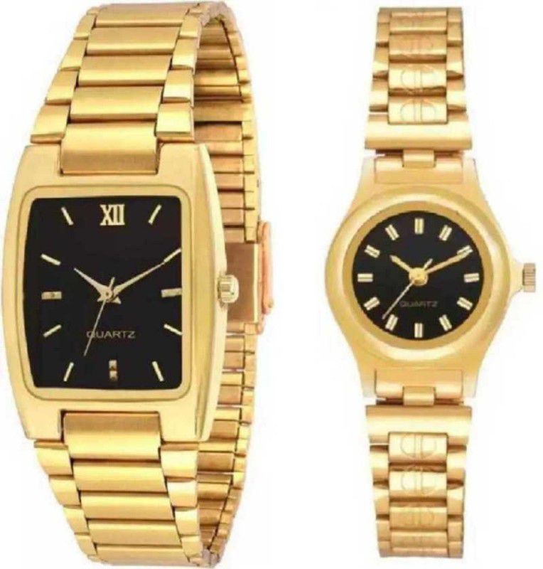 stylish different colored Watch Analog Watch - For Couple BLACK DIAL SQUARE AND BLACK DIAL ROUND ANALOG GOLDEN WATCH FOR MENS AND WOMENS STYLISH COUPLE WATCHES FOR GIFT