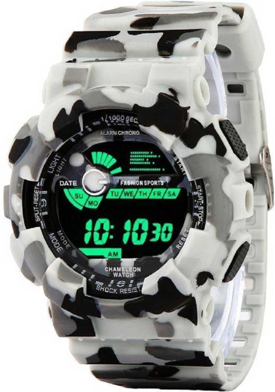 Digital Watch - For Boys White Chameleon Shock Protection Army Pattern Alarm & Day Chrono Water Resistance WR 30M Stainless Steel