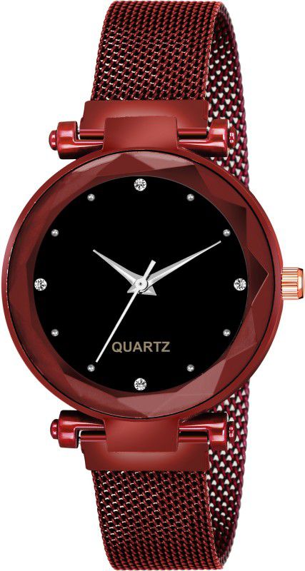 Analog Watch - For Girls New Fashion 4 Diamouns Black Color Dial & Red Maganet Strap For Girl & Women