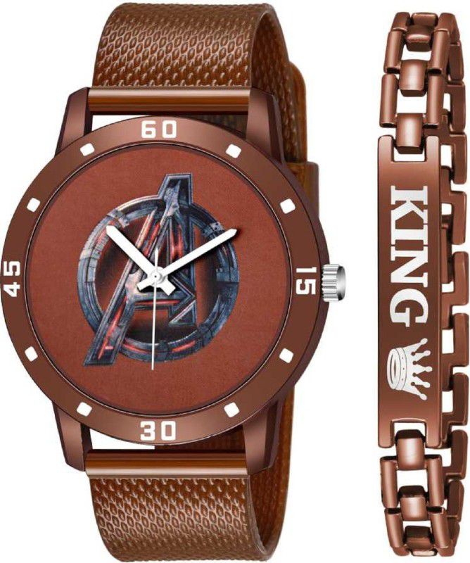 Free Size Strap Analog Watch - For Boys AVENGERS STYLISH DIAL- PU STRAP & BROWN FOR BROWN KING BRACELET COMBO SET FOR MEN