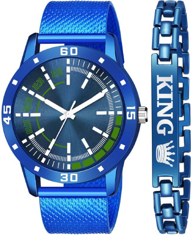 Analog Watch - For Men GK-535+BLUE KING BRACELET NEW STYLISH BLUE DIAL-PU BLUE STRAP&BLUE KING BRACELET-SPORTY COMBO SET FOR MEN&BOYS QUARTZ WATCH ANALOG WATCH-FOR&BOYS