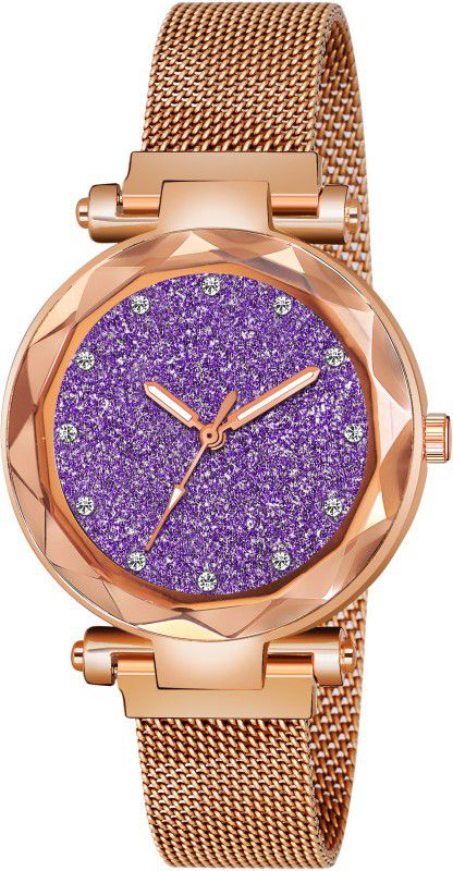 Analog Watch - For Women New Fashion Purple Color 12 Daimouns Dial Rose Gold Maganet Strap For Women