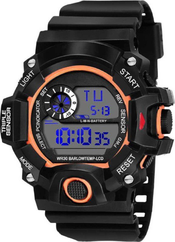 Digital Watch - For Boys Orange Ring Shock Protection Alarm & Day Date Chrono Water Proof WR 30M Stainless Steel