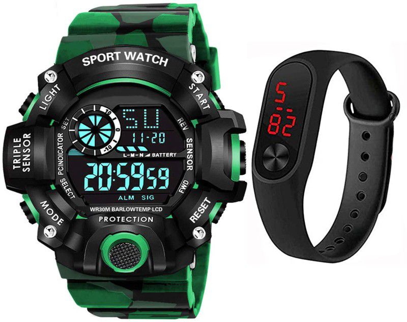 Exclusive Design Rozti High Quality Watch Men's Kids Watch for Boys Pack of 2 Digital Watch - For Boys (RZTI-0335)Digital Watch With Led Multi-Functional Green Strap Waterproof Sports