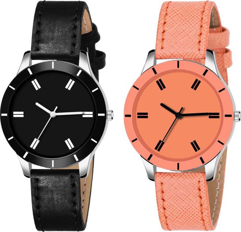 Analog Watch - For Girls .Combo pack of 2 Girls Stylish Cut Glass Black And Orange Watch For Women