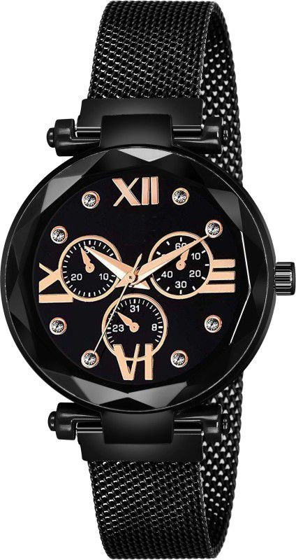 Designer Fashion Wrist Analog Watch - For Girls New Fashion Roman Digit Black Dial Black Maganet Strap For Girl