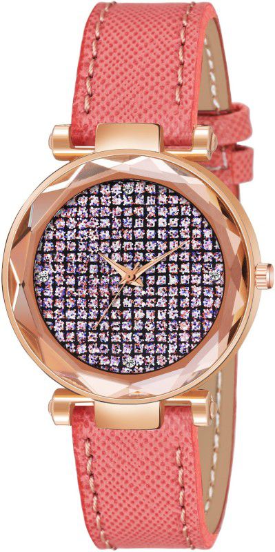 Designer Fashion Wrist Analog Watch - For Girls New Fashion Full Daimouns Silver dial Orange Leather Strap For Girl