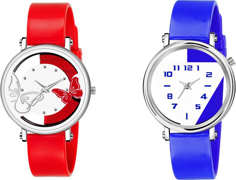 Analog Watch - For Girls New Fashion Stylish Designer White Dial With Red Color Dual battery & Blue Color Digita Tikon Designer Strap open Dial Attractive look for girl