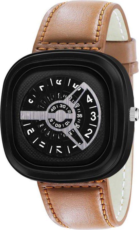 Analog Watch - For Men New Fashion Style Black Color Spiral Turntable Novel Stylish Beige Leather Strap Sport look Analog Watch