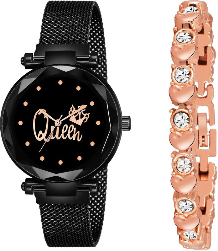 Designer Fashion Wrist Analog Watch - For Girls New Fashion Queen Black dial With Copper Bracelet black Maganet Strap