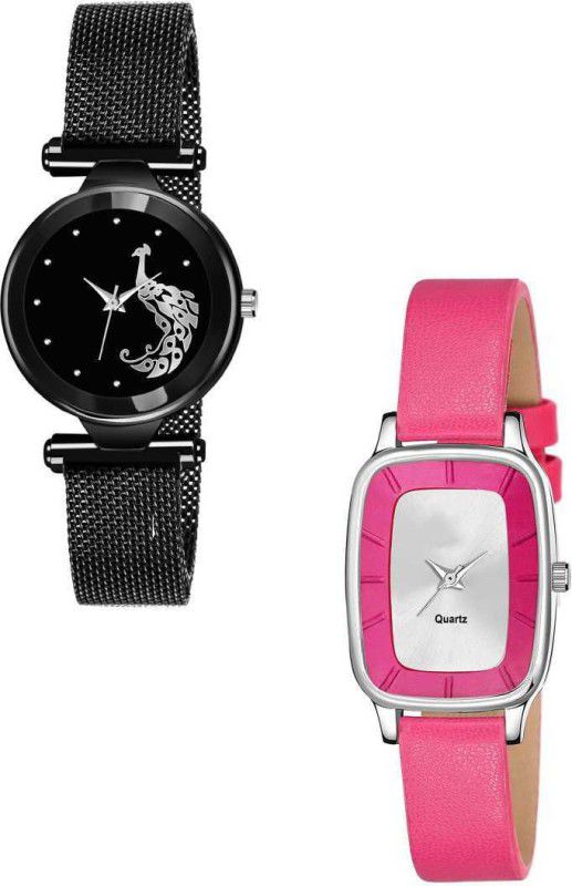 Analog Watch - For Girls FANCY BLACK PINK STYLISH DESIGNER DIAL WITH LEATHER/MAGNET BELT STRAP WATCH FOR GIRLS MOST STUNNING DESIGNER FAST SELLING TRACK FOR SPECIAL WATCH FOR GIRLS_WOMEN COMBO WATCH PACK