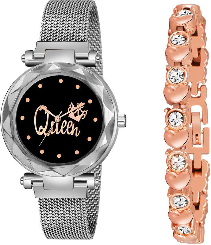 Designer Fashion Wrist Analog Watch - For Girls New Fashion Queen Black dial With Copper Bracelet Silver Maganet Strap