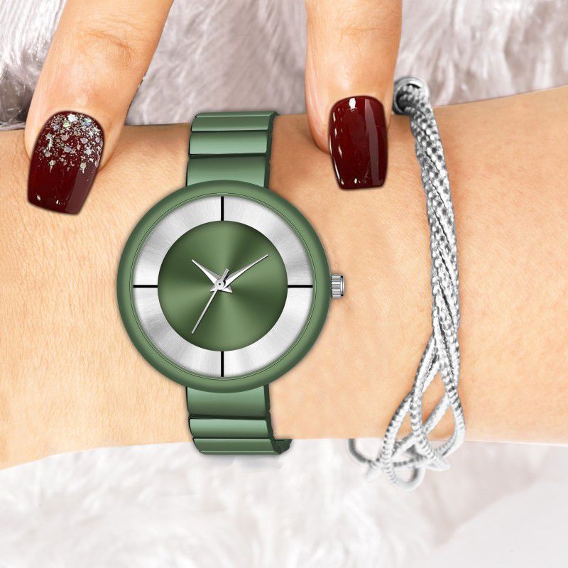 Designer Fashion Wrist Analog Watch - For Girls New Fashion Green&Silver Dial With Green Metal Strap For Girl& Women