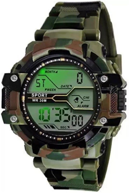 CH_012 Sport Green Army Pattern Multi Function Stop Watch Alarm Digital Watch - For Boys