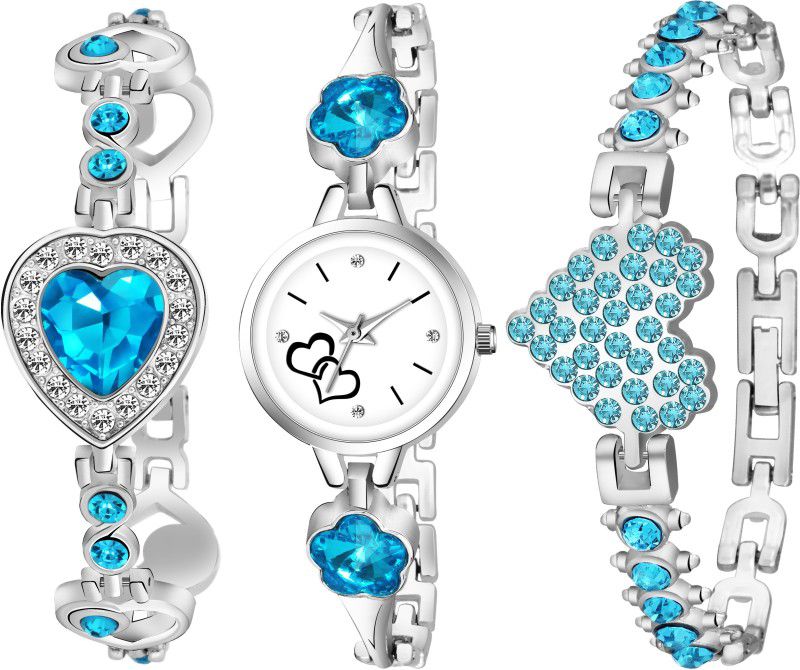NEW WHITE DIMOND DIAL PRINTED WITH TWO BLUE BRACLET COMBO SET FOR WOMEN Analog Watch - For Women BFW-400