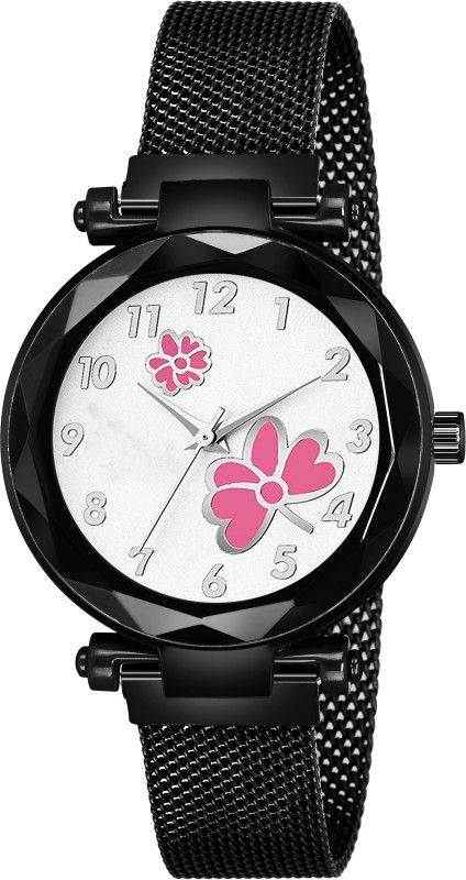Analog Watch - For Girls New Fashion Pink Flower White Dial Black Case With Black Maganet Strap For Girl