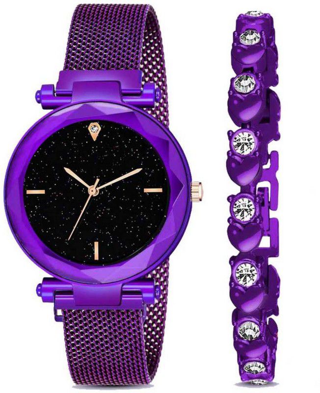 Magnetic Chain magnet strap hand watch girls watch for women gift Analog Watch - For Girls Sparkling Diamond Cut Purple Magnetic Strap Luxury