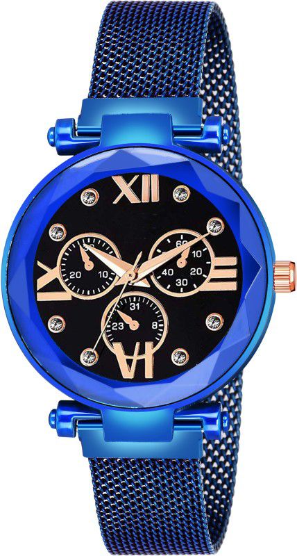 Designer Fashion Wrist Analog Watch - For Girls New Fashion Roman Digit Black Dial Blue Magnet Strap For Girl