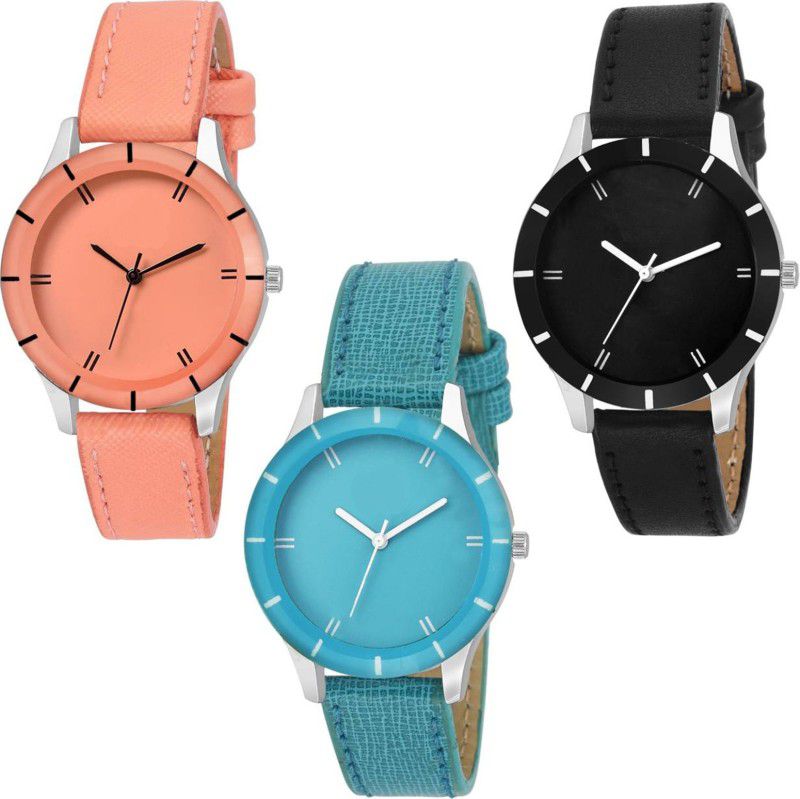 Analog Watch - For Women Stylish Combo Pack 3 Orange Skyblue Black Dial Multicolored Strap Watch