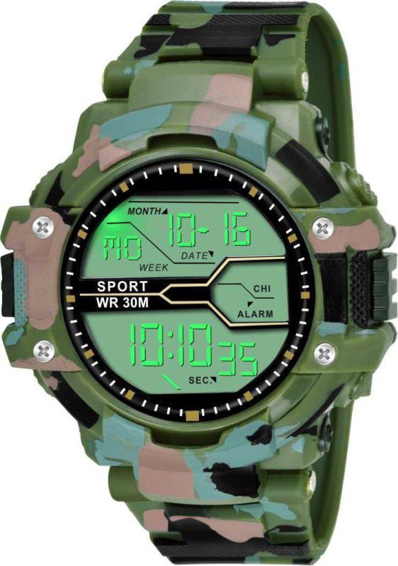 Digital Watch - For Boys Sport New Green Army Print Multi Function Durable