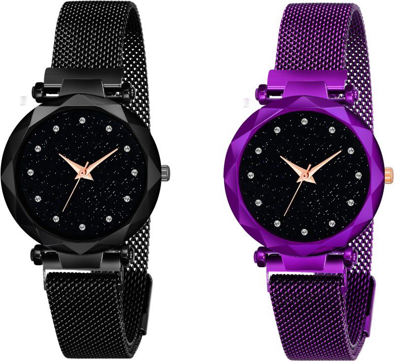 New Fashion Analog Watch - For Women Luxury Mesh Magnet Buckle Starry sky Quartz Watches For girls Fashion Mysterious Black&Purple Lady