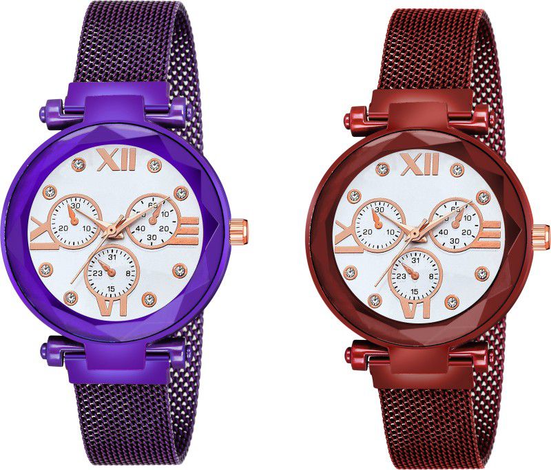 Analog Watch - For Girls New Fashion Roman Digit White Dial Purple & Red Maganet Strap For Girl