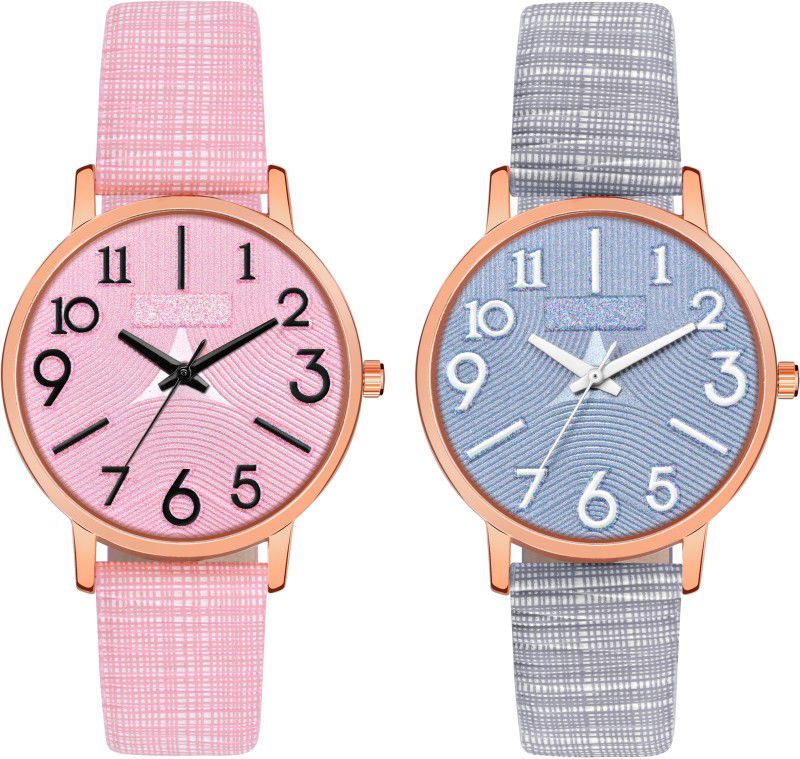 Pink & Blue Leather Belt Round Dial Girls Analog Watch - For Women WH-348-350