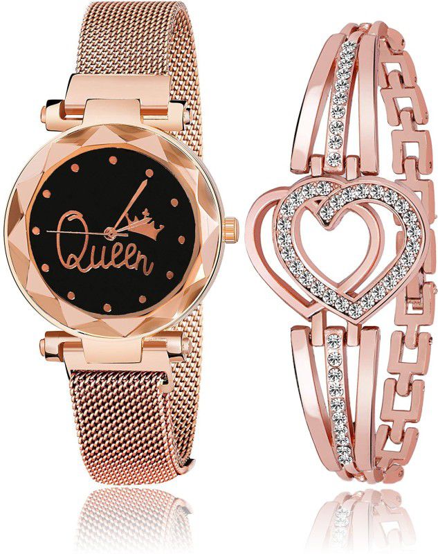 Analog Watch - For Girls Black Color Queen Dial, Gold Magnet Strap with Heart Shape Diamond studded bracelet for Girls and Women