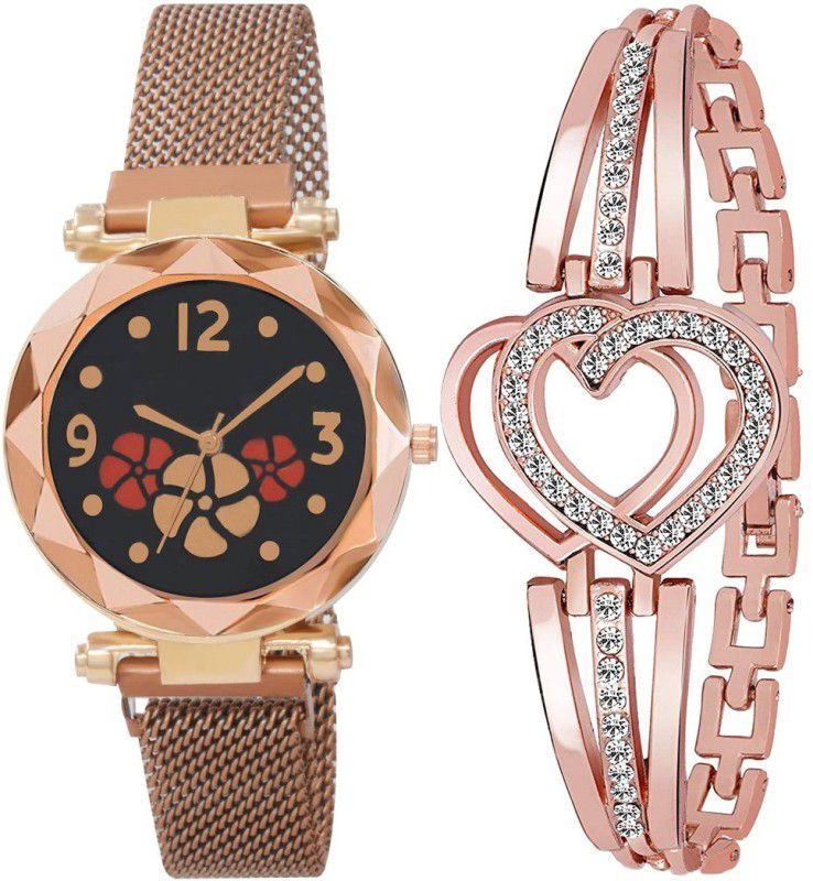 Analog Watch - For Girls Black Color Dial, gold Magnet Strap with Heart Shape Diamond studded bracelet