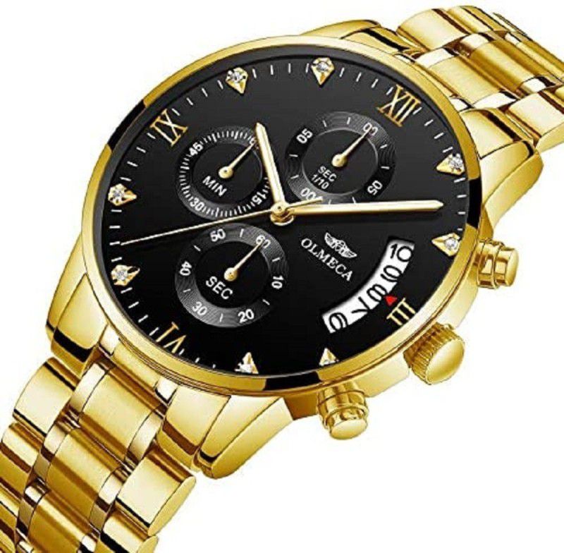 Auto Calendar All 3 Inside Circle Dials Working Royal Luxury Analog Watch - For Men Diamond Studded Gold Stainless Steel Strap Quartz Chronograph Waterproof Black
