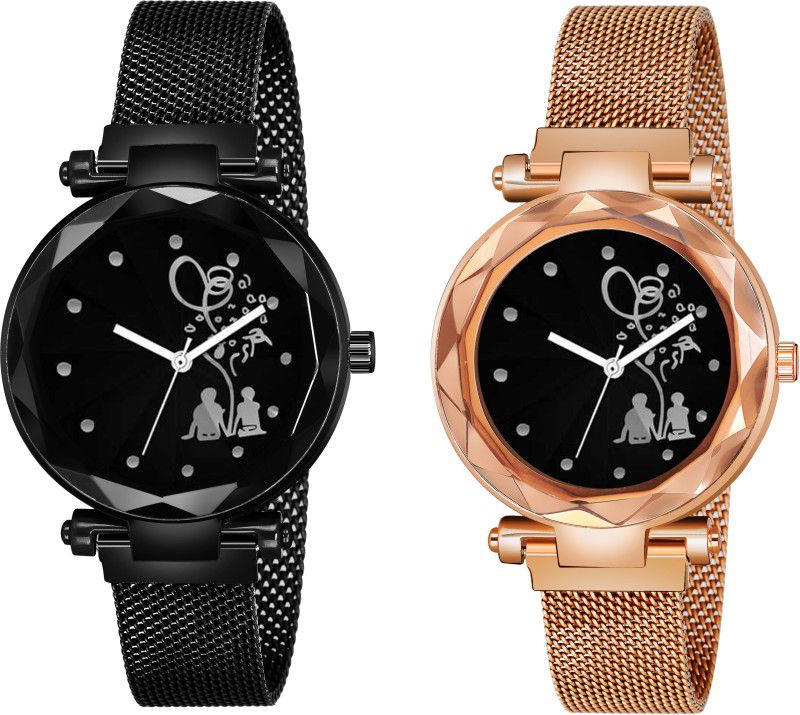 Designer Fashion Wrist Analog Watch - For Girls New Fashion Bethu Couple Black dial Black & Rose Gold Maganet Strap For Girl